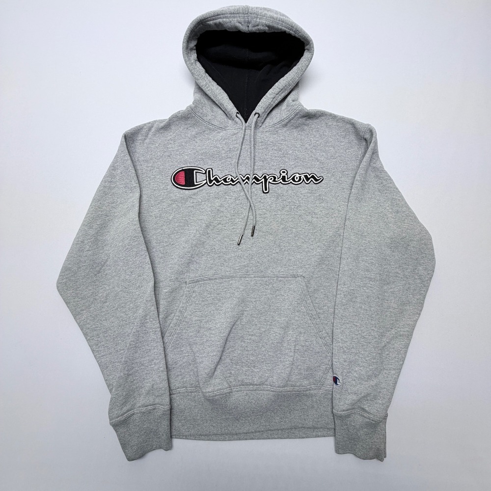 Champion Mens Heather Gray Embroidered Script Logo Hoodie Medium